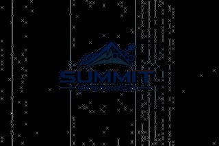 Summit mountain logo in blue on a black digital background with matrix-style characters and falling data streams
