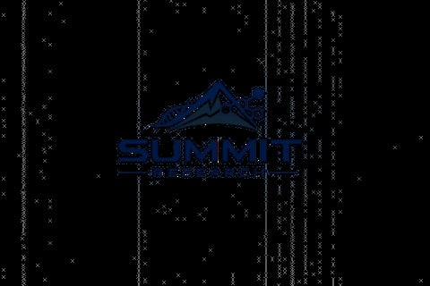 Summit mountain logo in blue on a black digital background with matrix-style characters and falling data streams